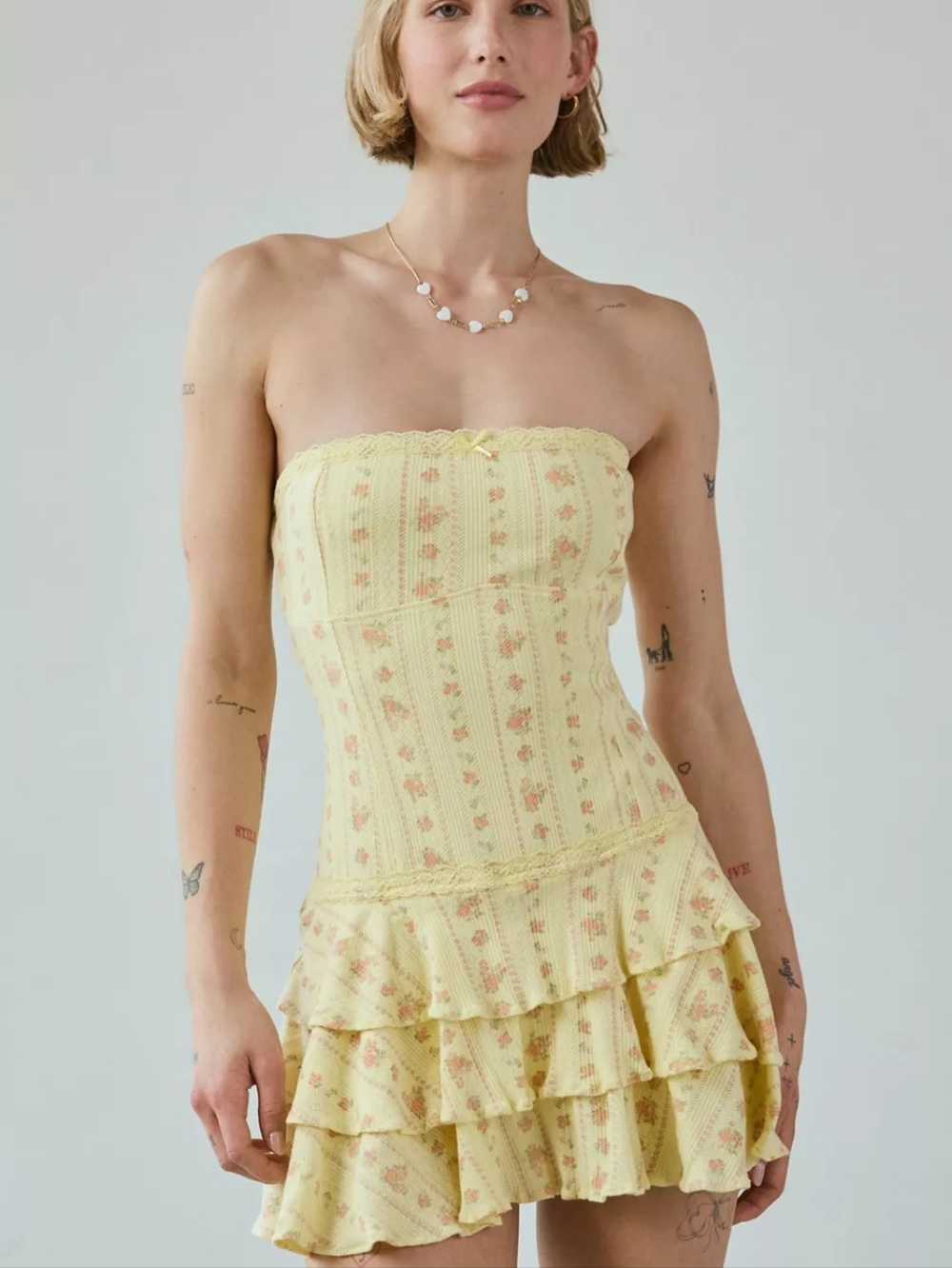 UO Out From Under Butter Yellow Floral Strapless Ruffle Romper - Size Medium